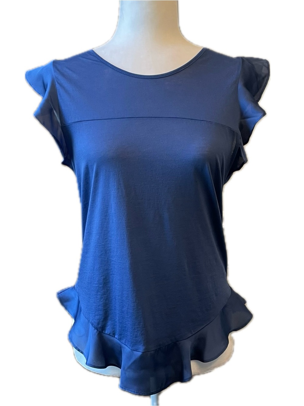 J Crew Flutter Cap Sleeve Blouse Navy Blue XS Top Flounced Ruffle Hem Coquette